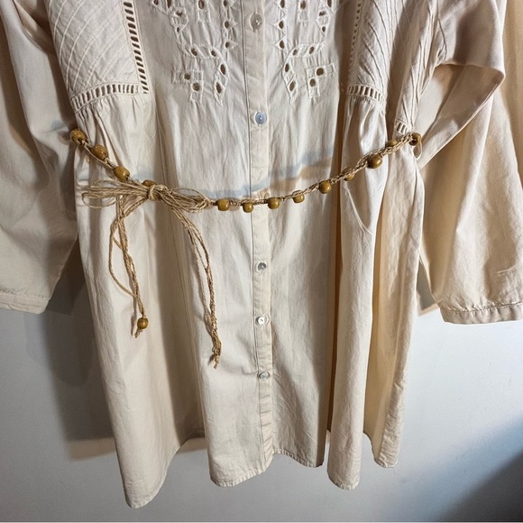 ZARA Sz L Collared Cream Shirt Dress Eyelet Lace Front Puff Sleeves Beaded Belt - Picture 7 of 14